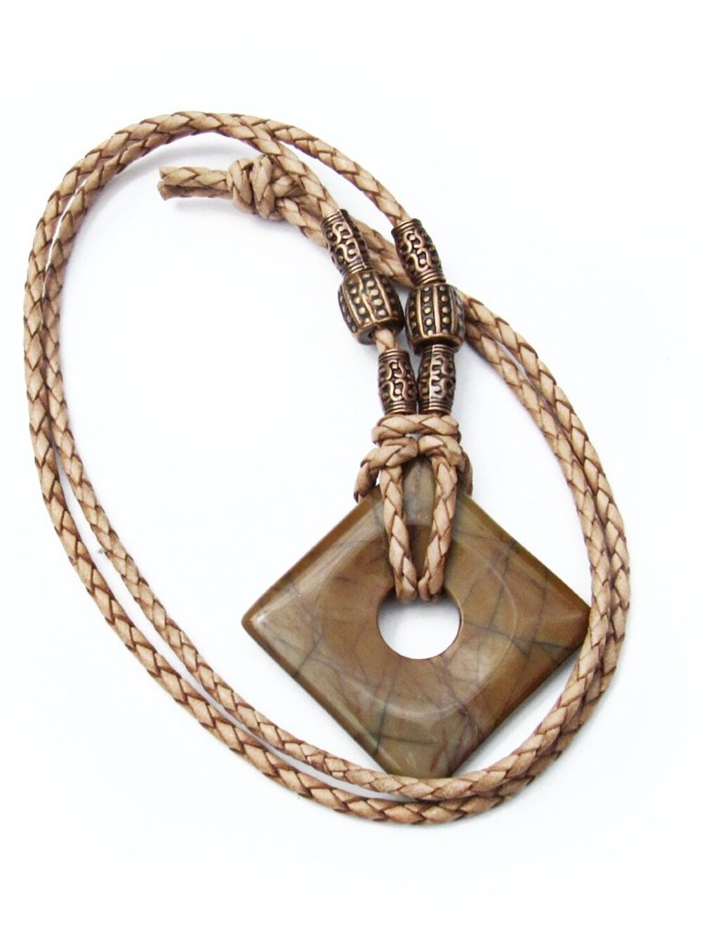 Red Creek Jasper Stone, Braided Tan Leather Copper Necklace, 30 Inches Long